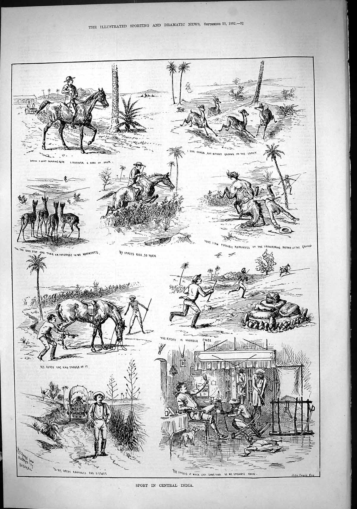 Old Antique Print Sport Central India Hunting Horses Deer 1882 John Swain 19th