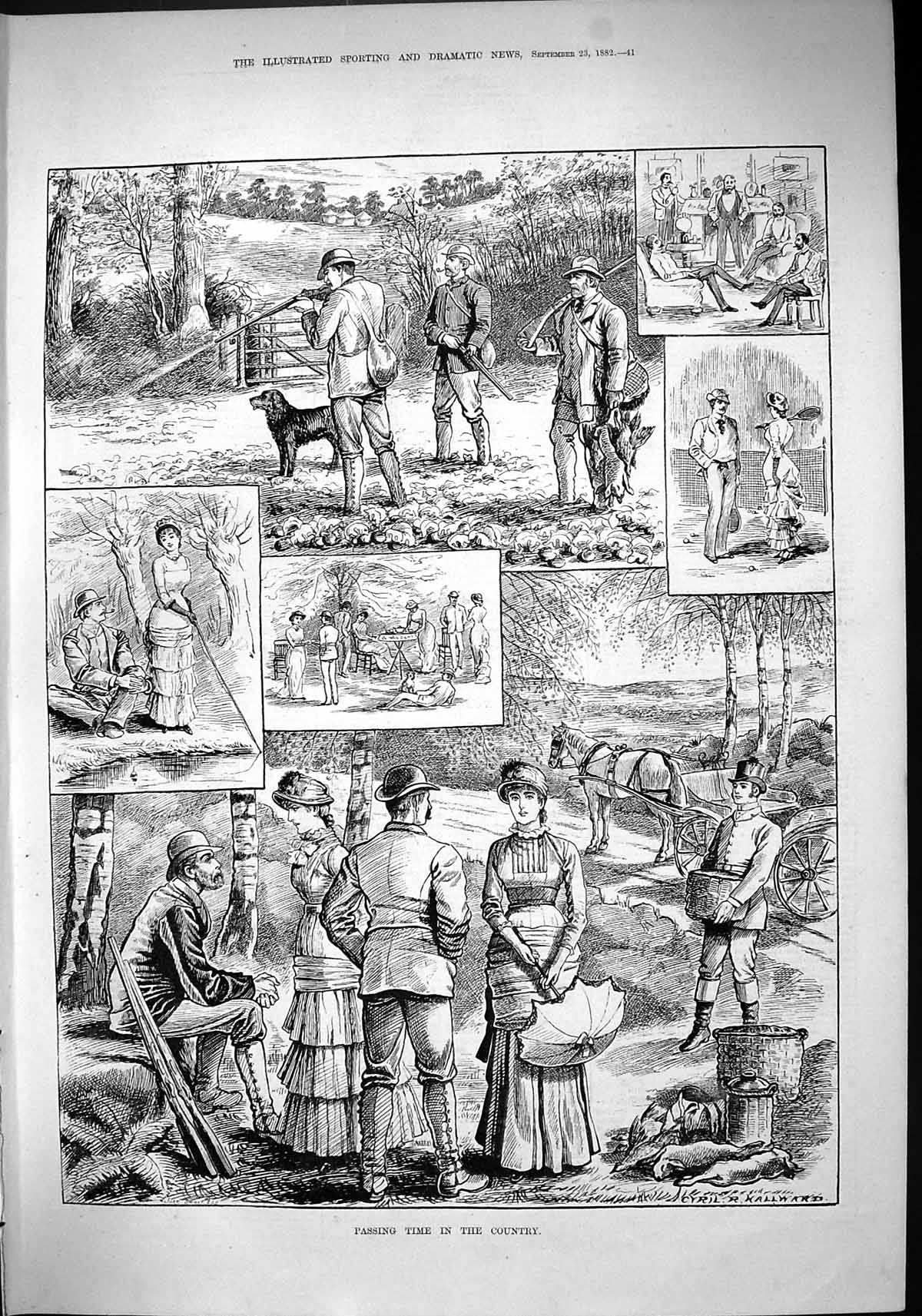 Old Print County Sport 1882 Hunting Shooting Rabbits Birds Cyril Hallward 19th