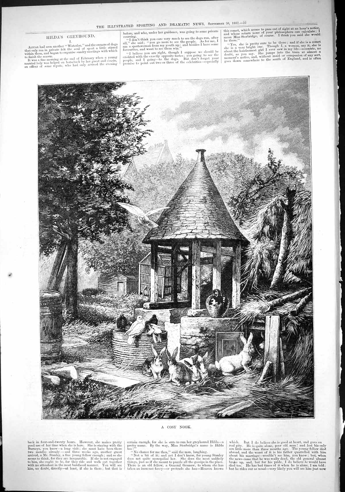 Original Old Antique Print 1882 Cosy Nook Animals Water Well Birds Rabbits Hare
