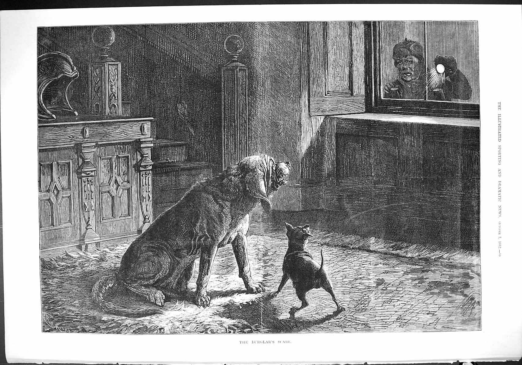 Original Old Antique Print 1882 House Window Burglar Scare Guard Dog Torchlight
