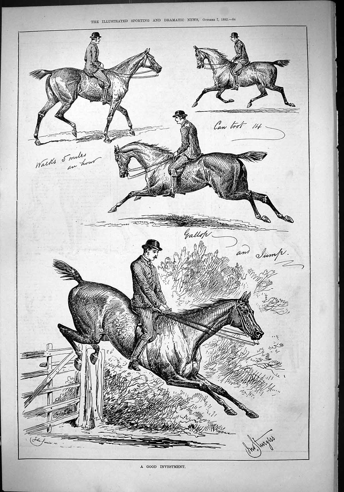 Antique Old Print Sport 1882 Horses Hunting Trainer Jumping Gate John Swain