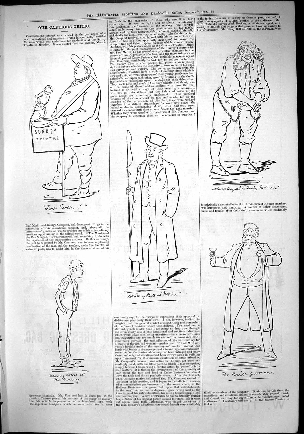 Old 1882 Captious Critic Surrey Theatre Percy Bell George Conquest Il Victorian