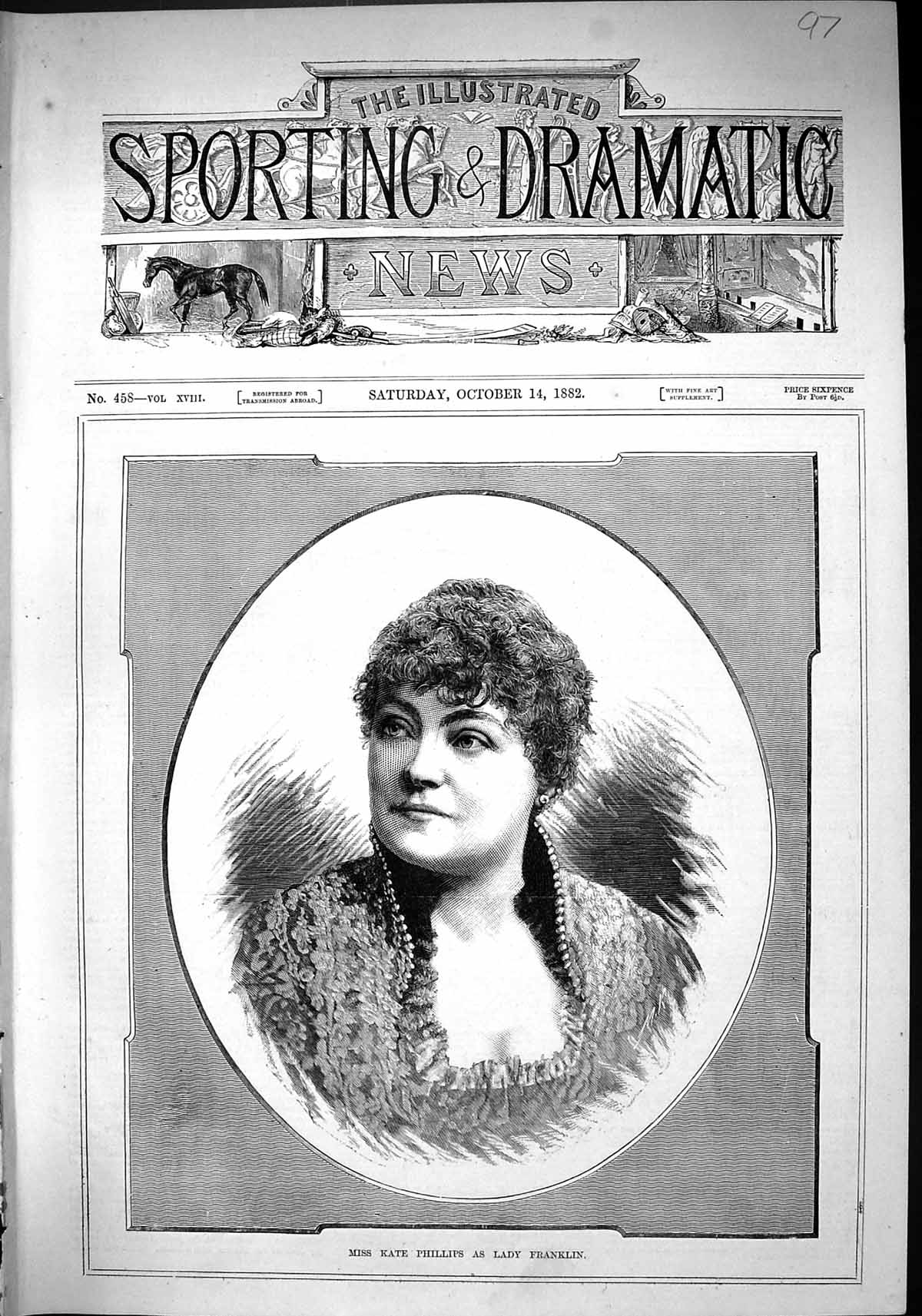 Old Print 1882 Portrait Miss Kate Phillips Lady Franklin Beautiful Woman 19th