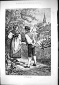 Original Old Antique Print 1882 Same Mind Young Woman Man Romance Flowers 19th