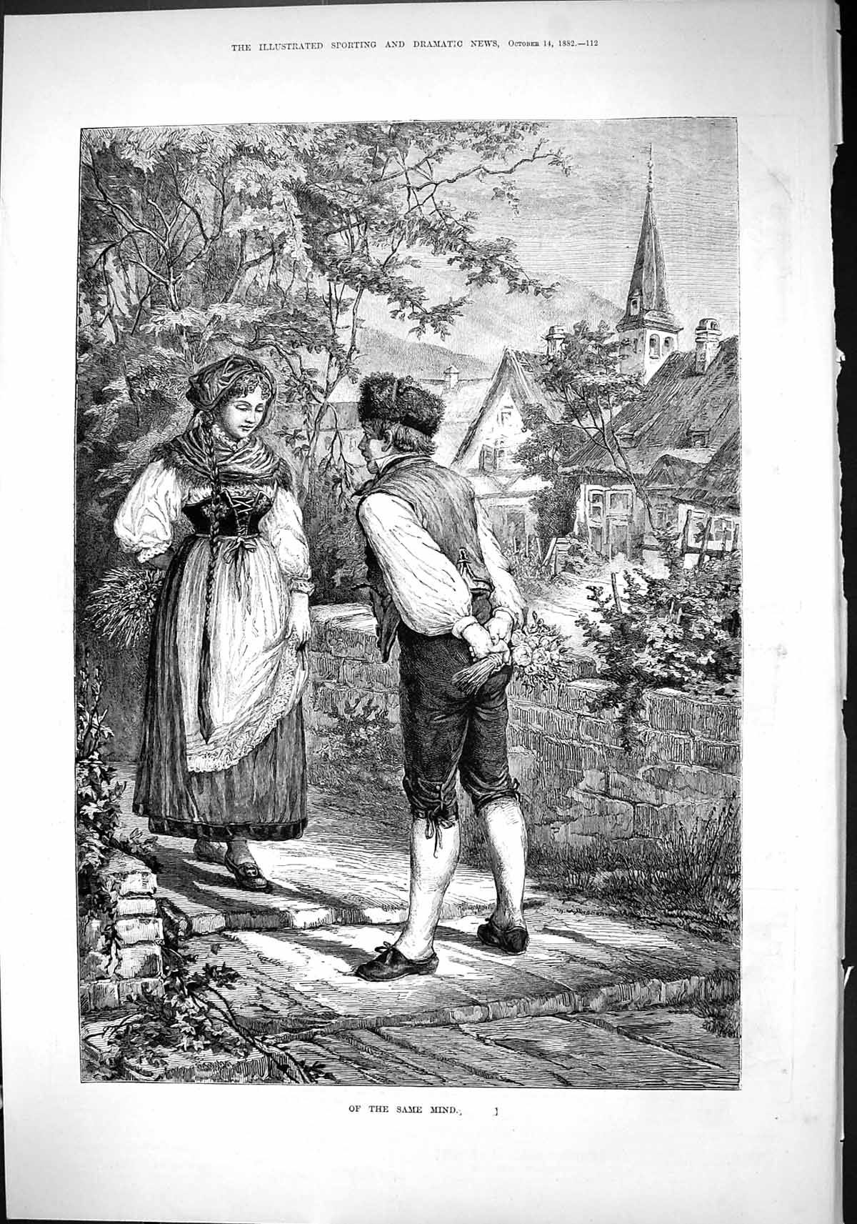 Original Old Antique Print 1882 Same Mind Young Woman Man Romance Flowers 19th