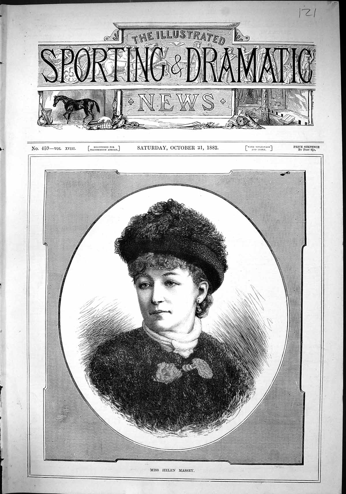 Original Old Antique Print 1882 Portrait Miss Helen Massey Beautiful Woman 19th