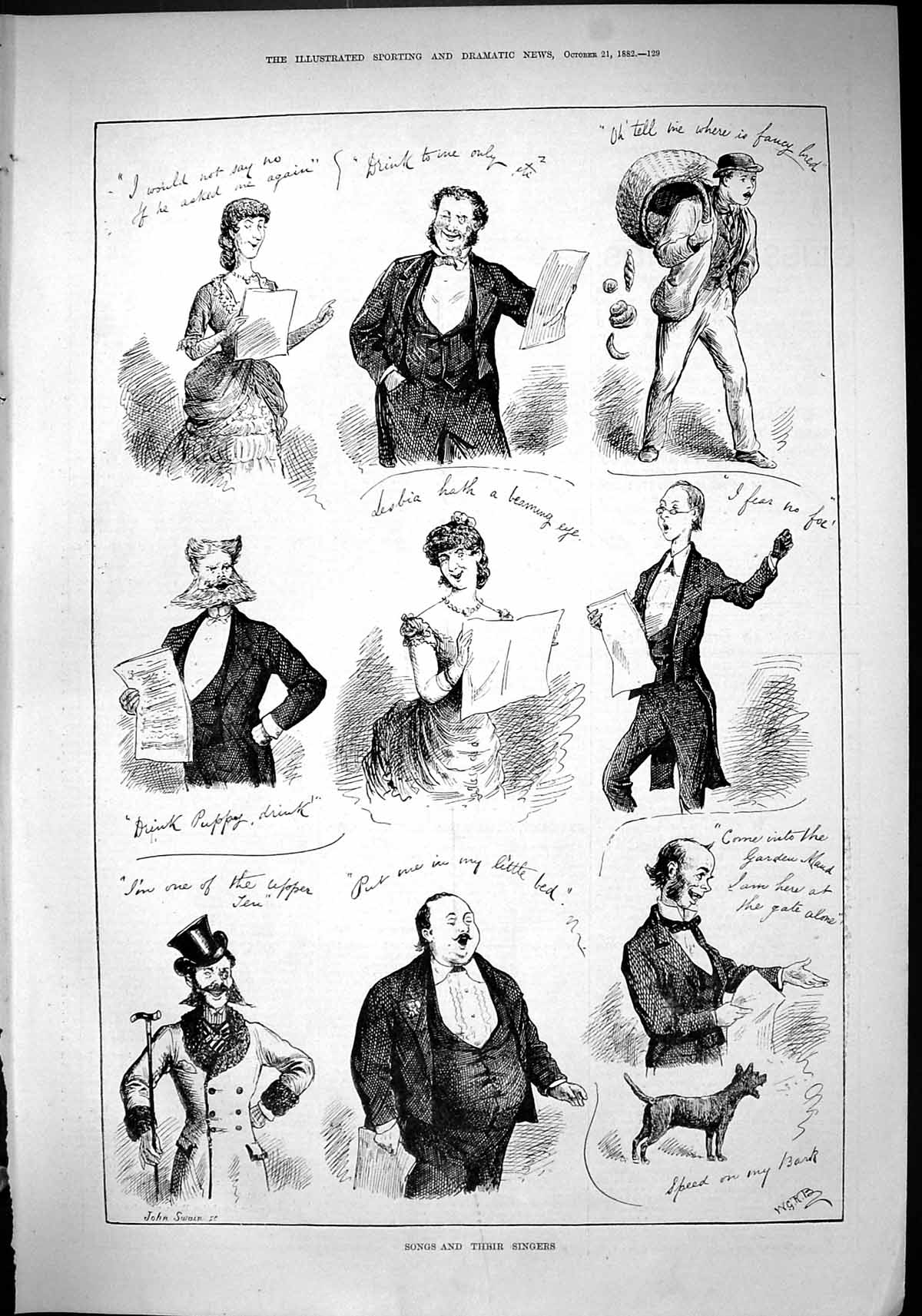 Antique Old Print 1882 Songs Singers Opera Bread Seller Men Ladies John Swain