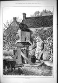 Antique Old Print 1882 Young Girl Water Well House Garden Scene John Swain 19th