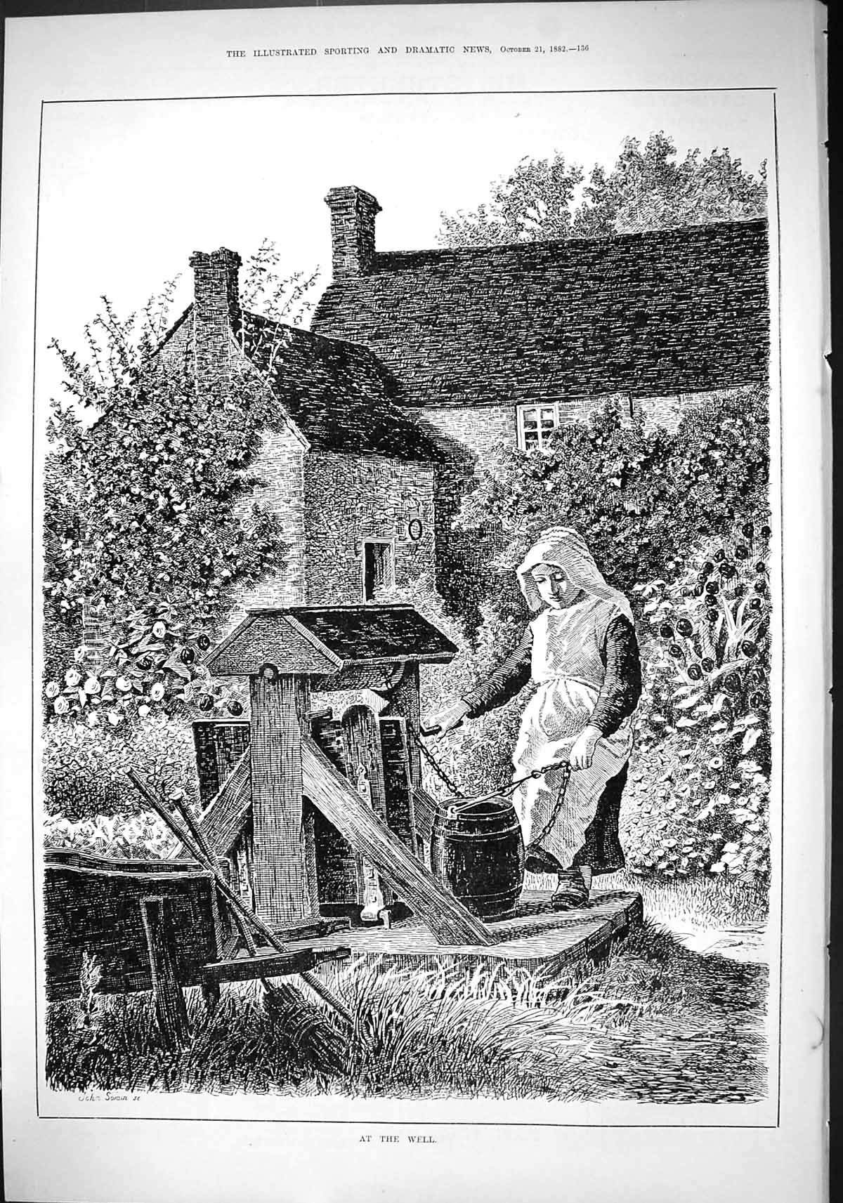 Antique Old Print 1882 Young Girl Water Well House Garden Scene John Swain 19th