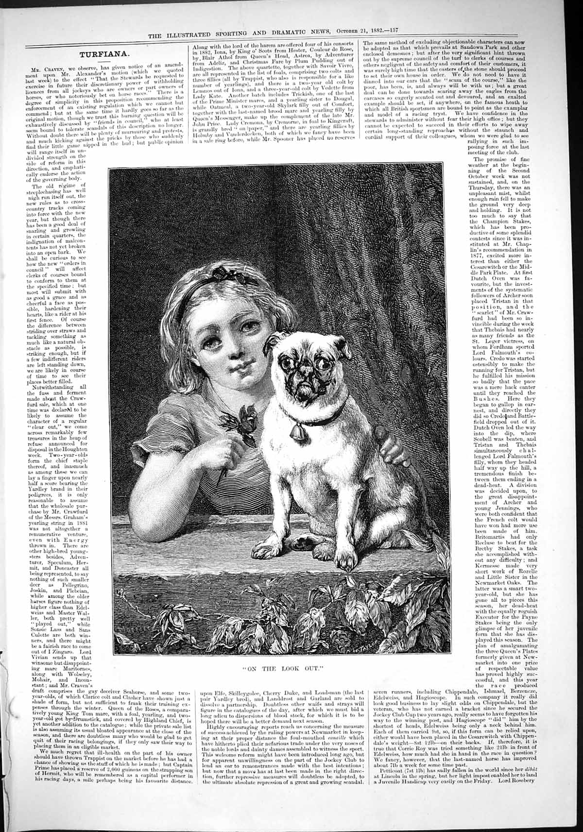 Original Old Antique Print 1882 Young Girl Puppy Dog Look Out Taylor Victorian