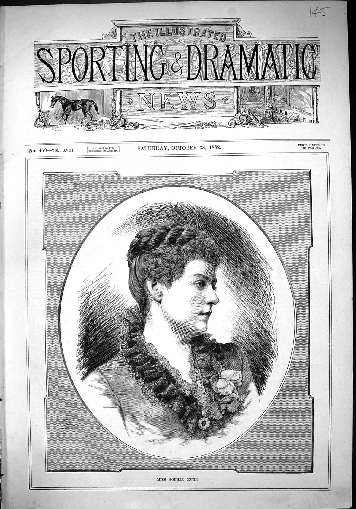 Original Old Antique Print 1882 Portrait Miss Sophie Eyre Beautiful Woman 19th