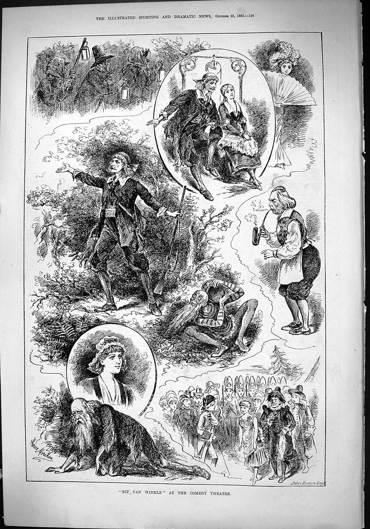 Antique Old Print 1882 Rip Van Winkle Comedy Theatre Actors Scene John Swain