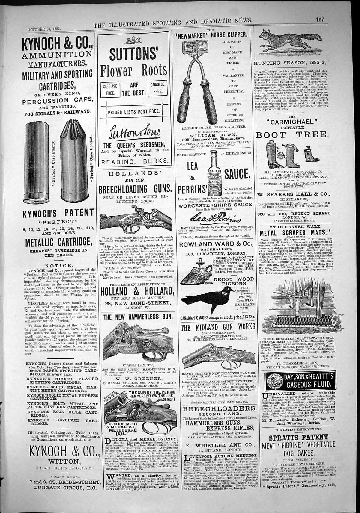 Old Print 1882 Kynoch Suttons Seeds Newmarket Horse Clipper Guns Holland 19th