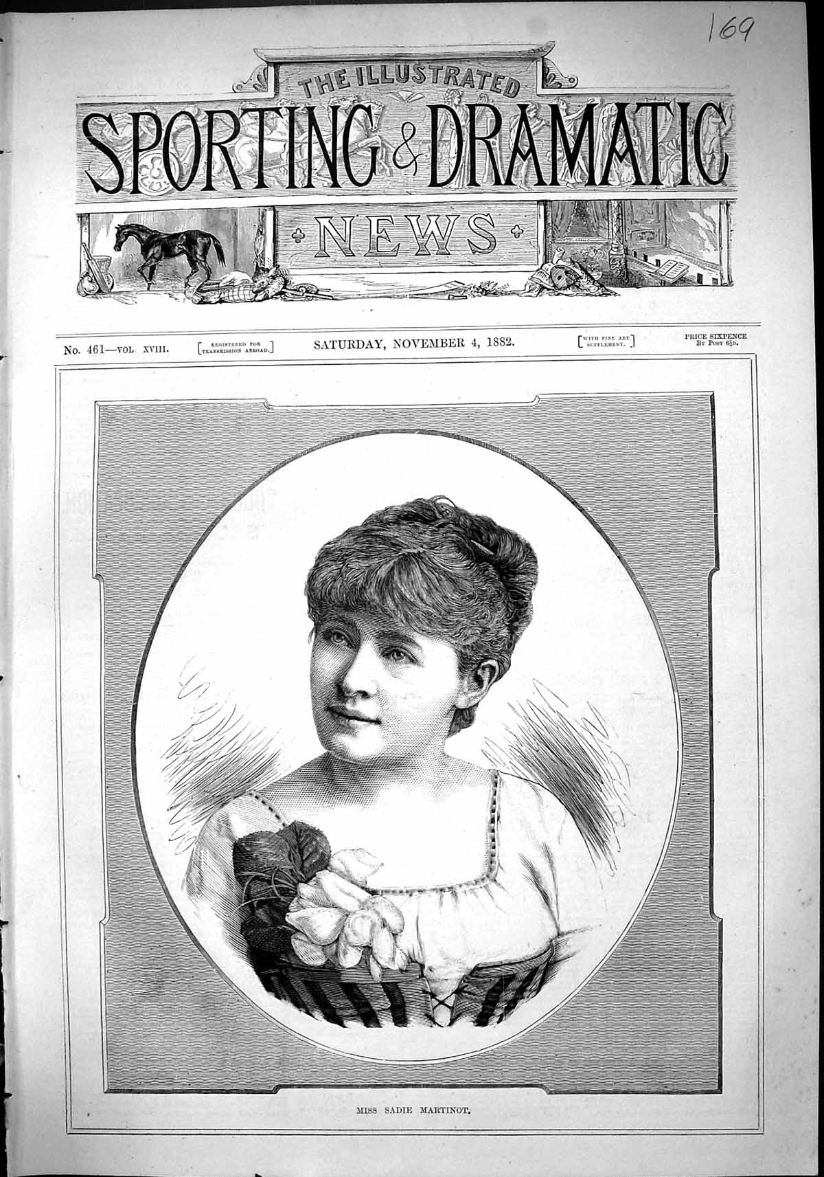 Original Old Antique Print 1882 Portrait Miss Sadie Martinot Beautiful Lady