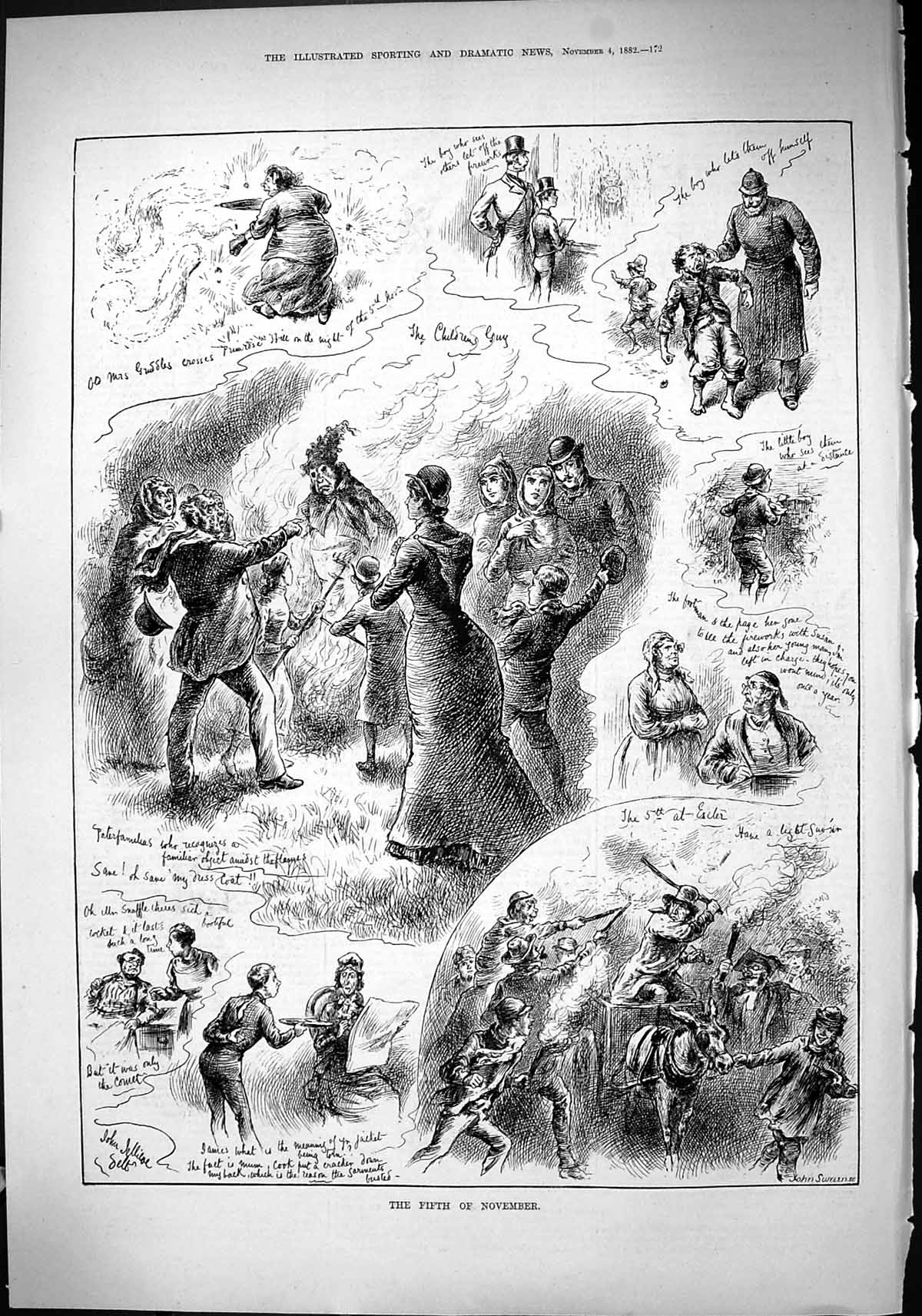 Old Antique Print 1882 Fifth November Guy Fawkes Exeter Bonfire England 19th