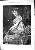 Old Antique Print 1882 Portrait Beautiful Woman Garden Scene Butterflies 19th