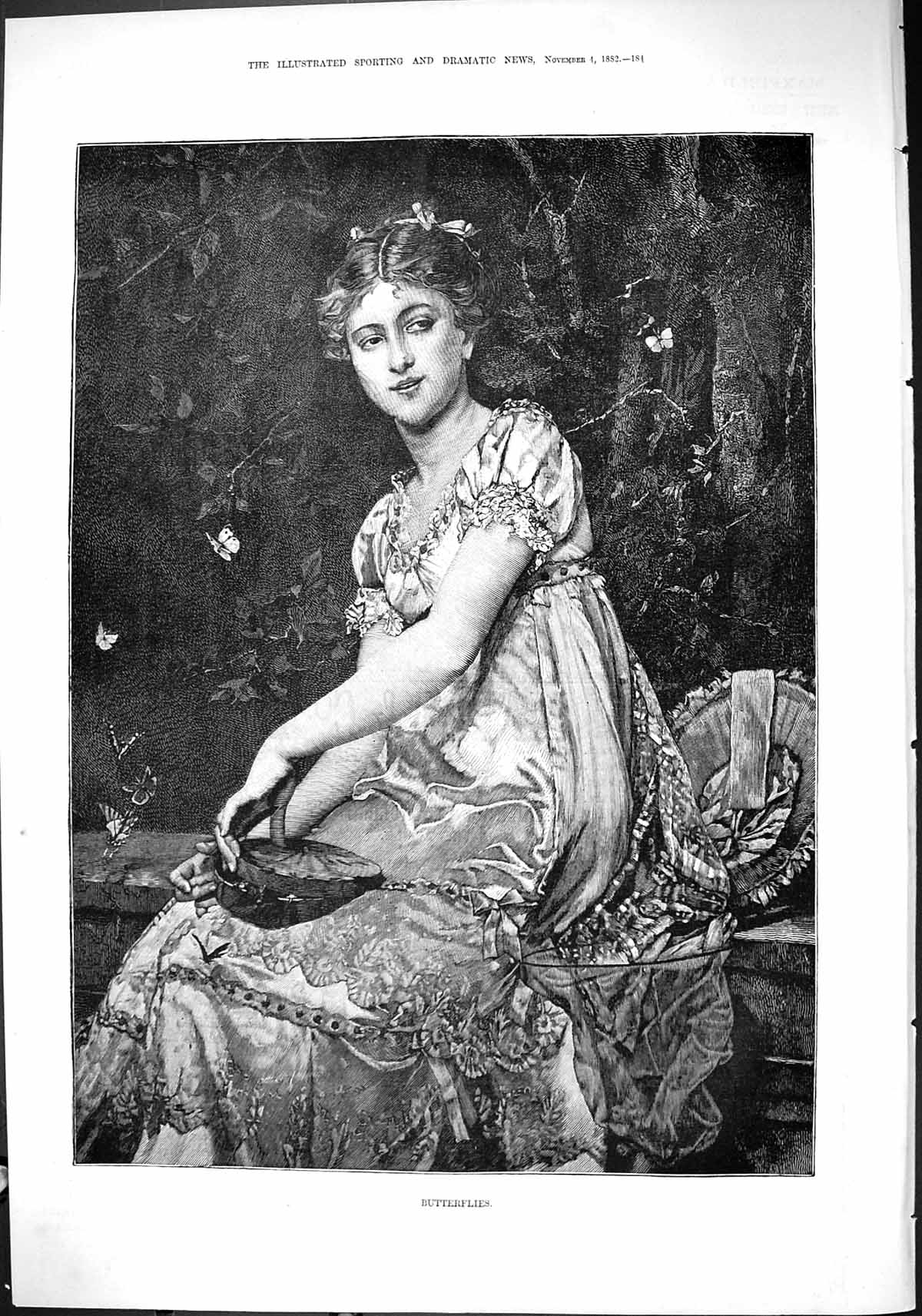 Old Antique Print 1882 Portrait Beautiful Woman Garden Scene Butterflies 19th