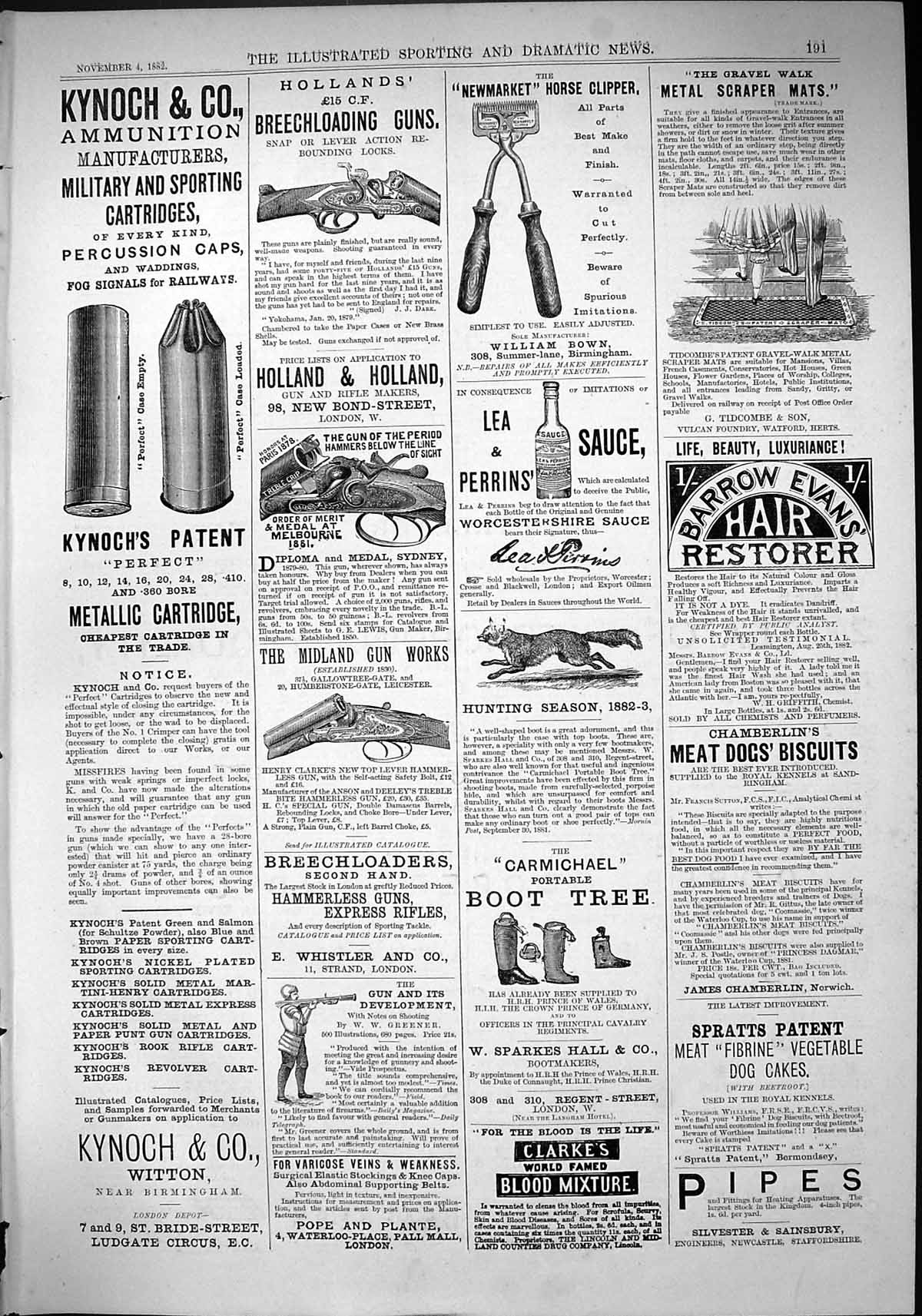 Old Print 1882 Kynoch Holland Guns Lea Perrins Carmichael Boot Tree Evans 19th