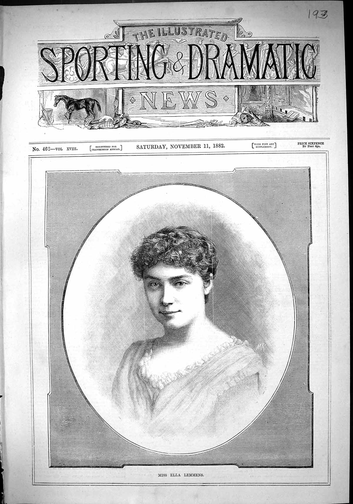 Original Old Antique Print 1882 Portrait Miss Ella Lemmens Beautiful Woman 19th