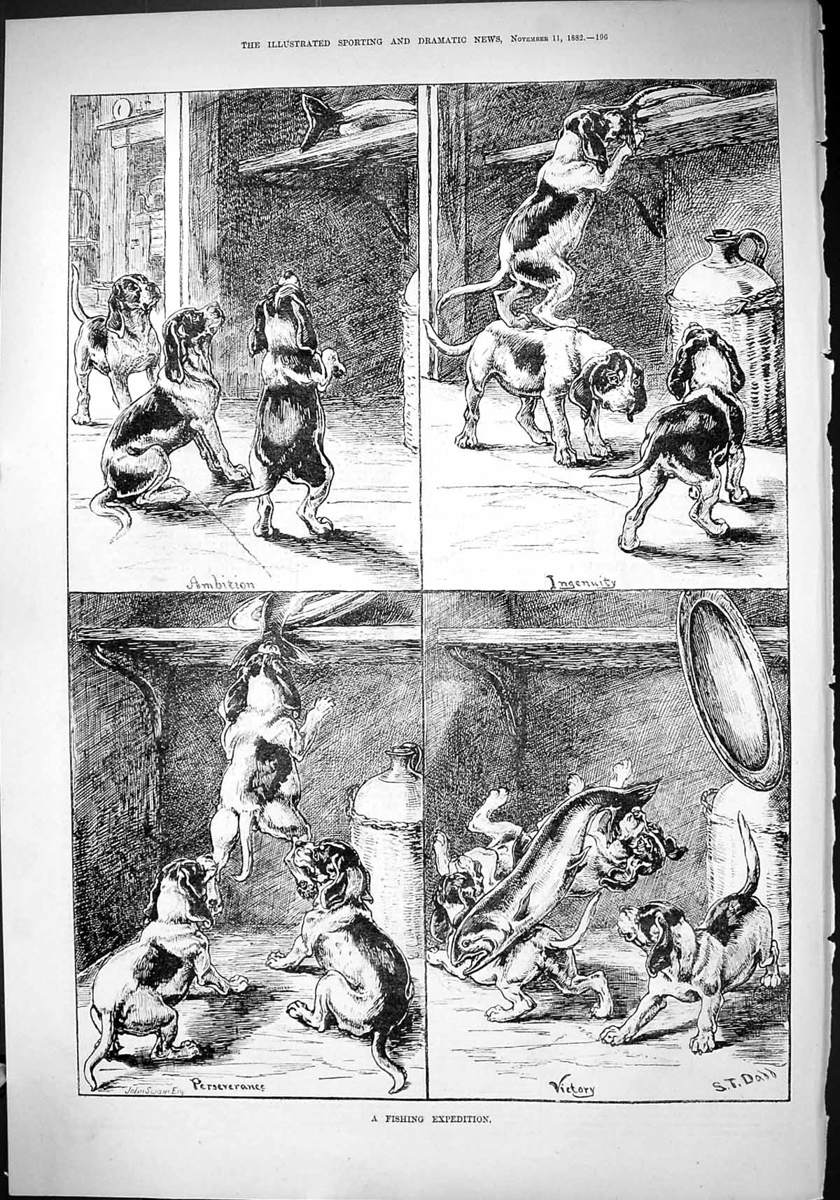 Old Antique Print 1882 Fishing Expedition Hounds Dogs Stealing Fish Shelf 19th