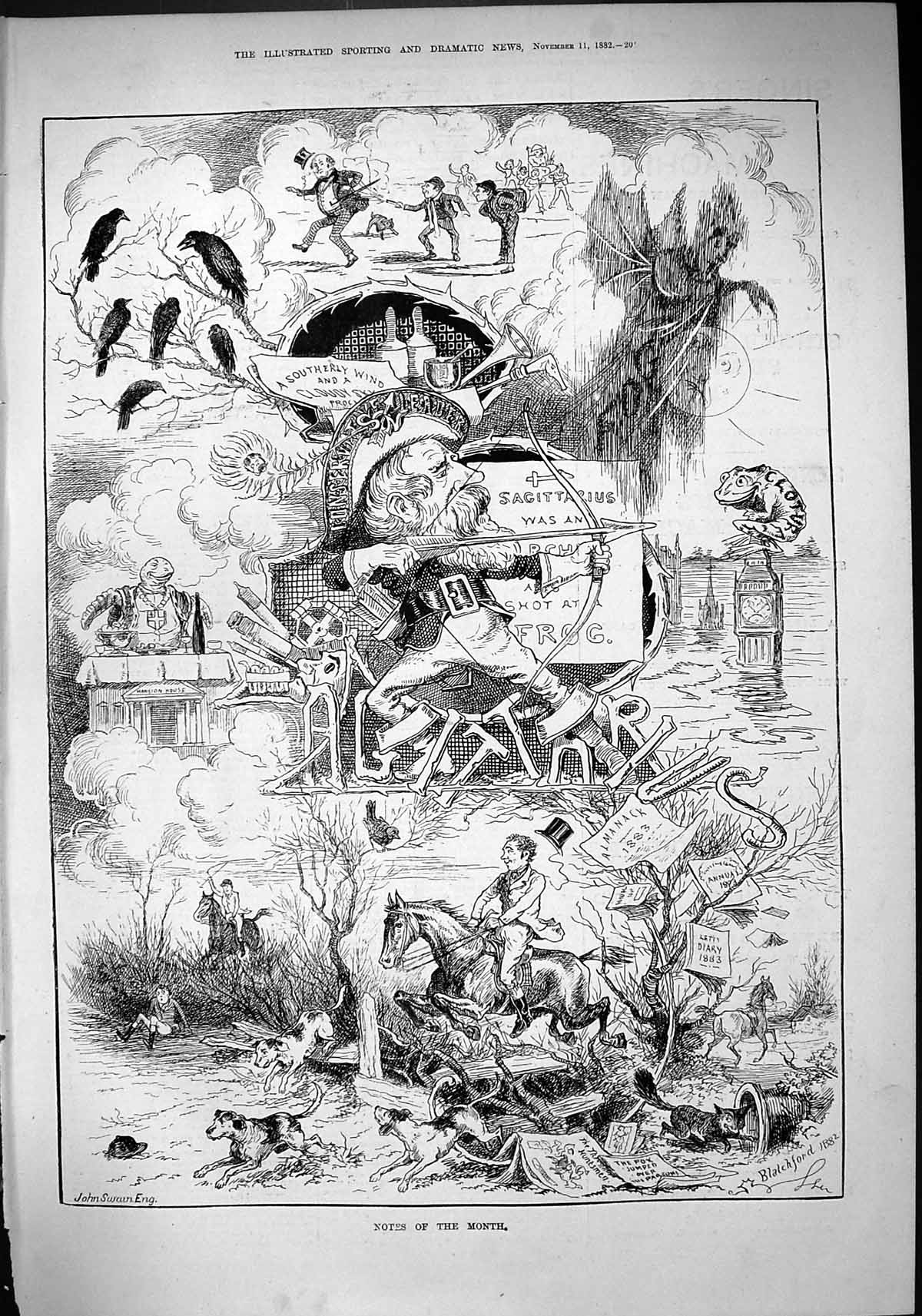 Old Print Sport 1882 Notes Month Fox Hunting Weather Sagittarius Almanack 19th