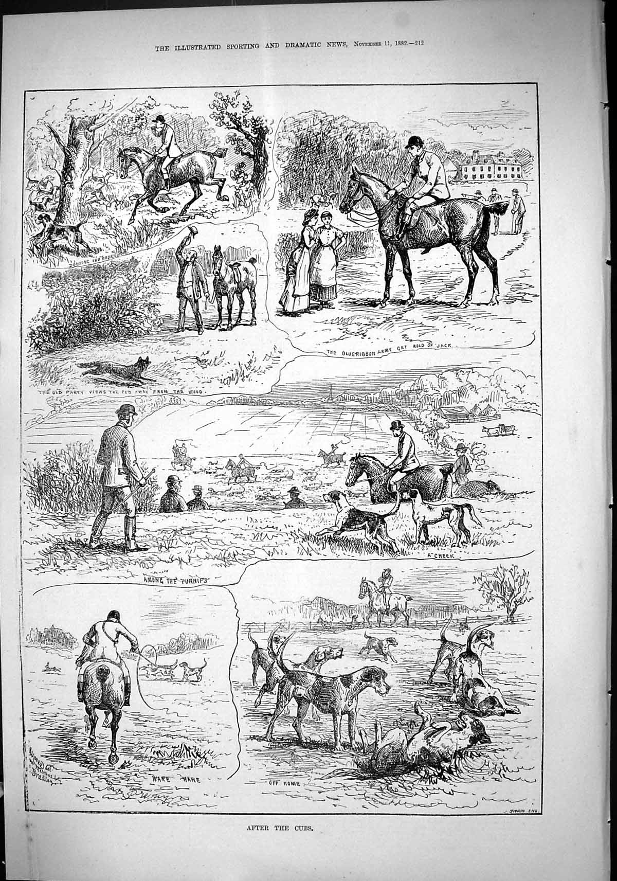 Antique Old Print Sport 1882 Fox Hunting Horses Hunting Hounds Dogs Huntsmen