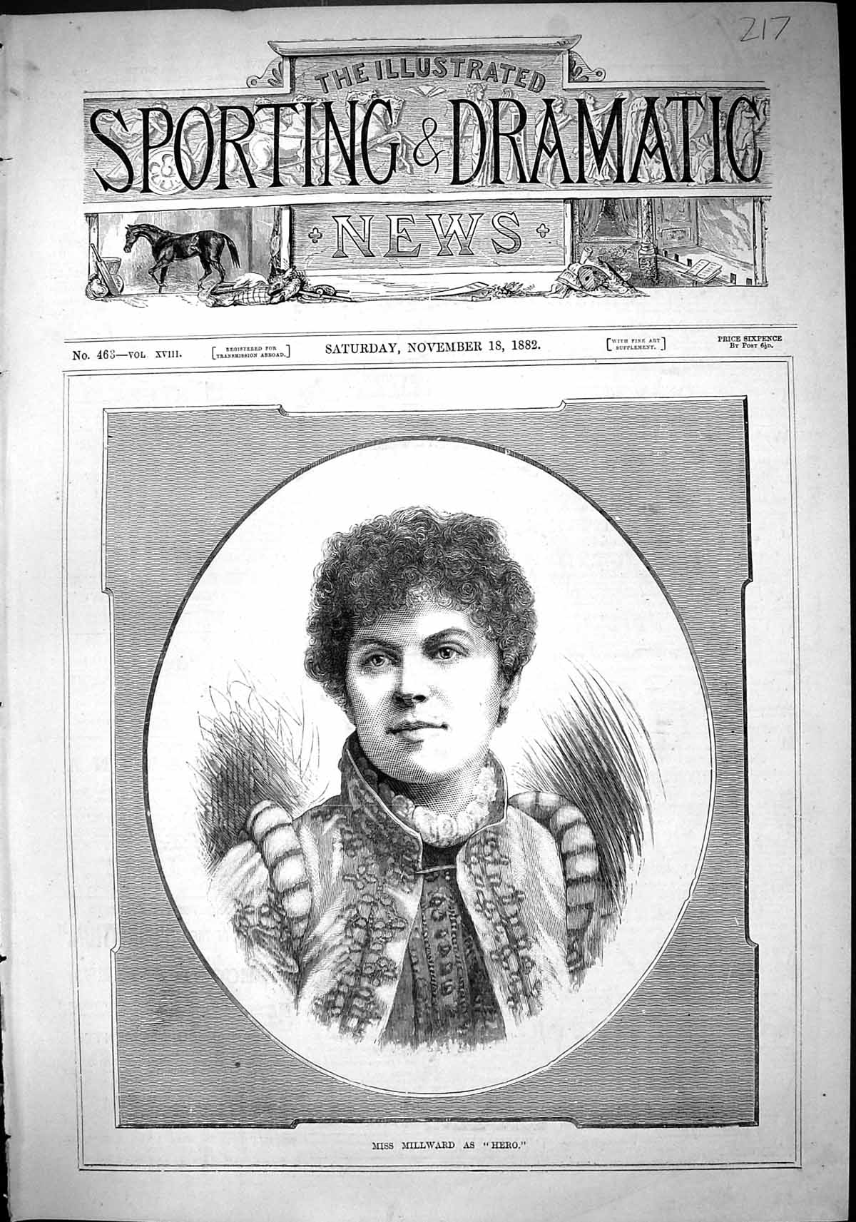 Old Antique Print 1882 Portrait Miss Millward Hero Beautiful Lady Woman 19th