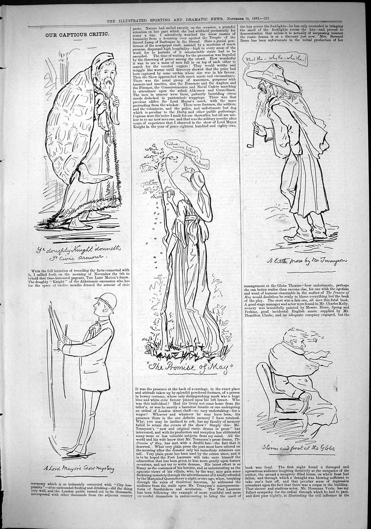 Original Old Antique Print 1882 Captious Critic Theatre Lord Mayor Tennyson