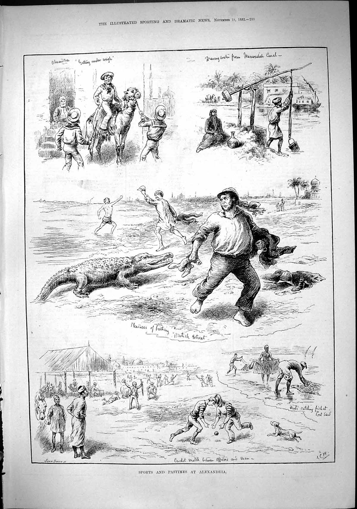 Old Sport 1882 Alexandria Camel Cricket Drawing Water Canal Bathing C Victorian