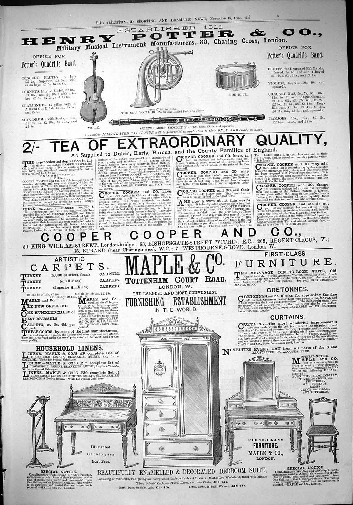 Antique Old Print 1882 Henry Potter Music Instruments Maple Furniture Carpets
