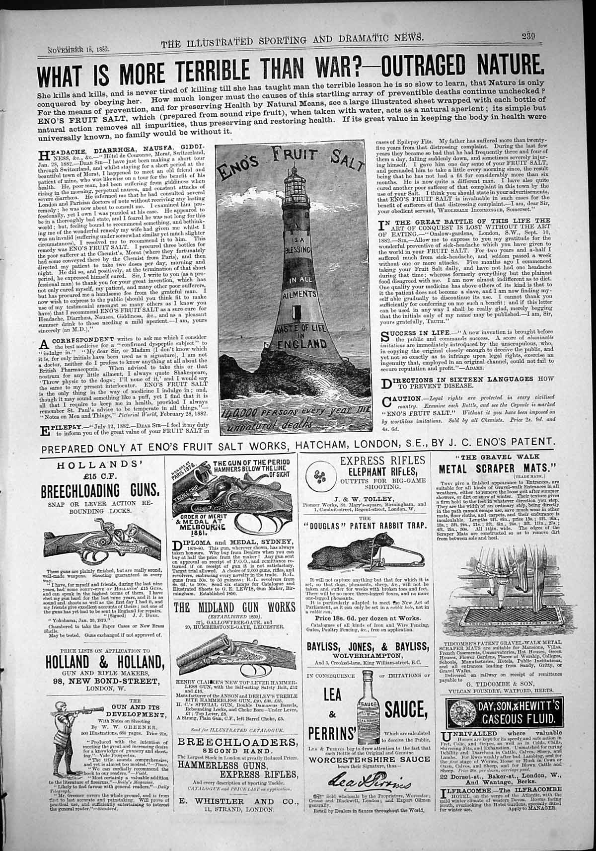 Old 1882 Eno'S Fruit Salt Holland Guns Lea Perrins Bayliss Metal Mats Victorian