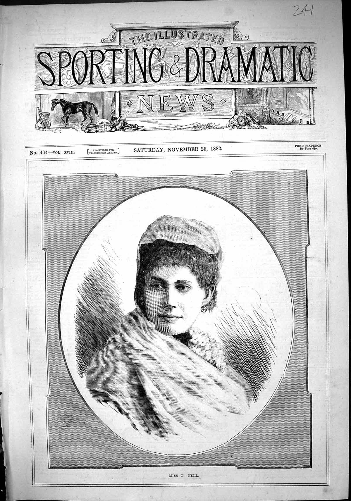 Original Old Antique Print 1882 Portrait Miss P. Bell Beautiful Woman Victorian