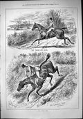 Antique Old Print Sport 1882 Hunting Horses Huntsmen Jumping Hedge John Swain