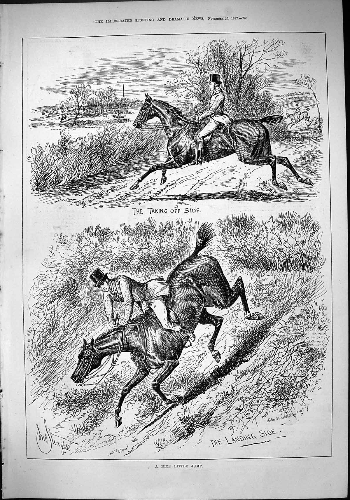 Antique Old Print Sport 1882 Hunting Horses Huntsmen Jumping Hedge John Swain