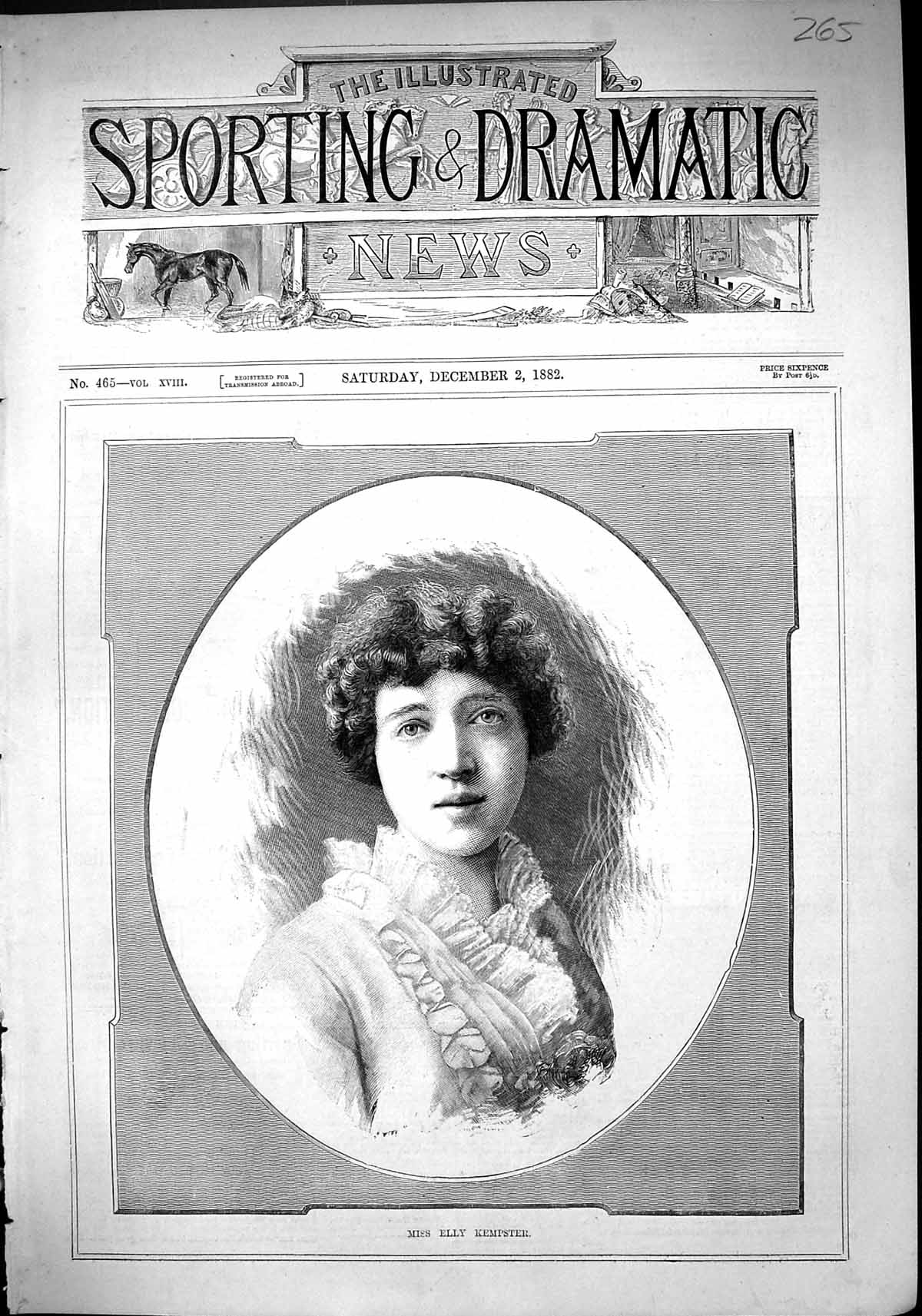 Original Old Antique Print 1882 Portrait Miss Elly Kempster Beautiful Woman