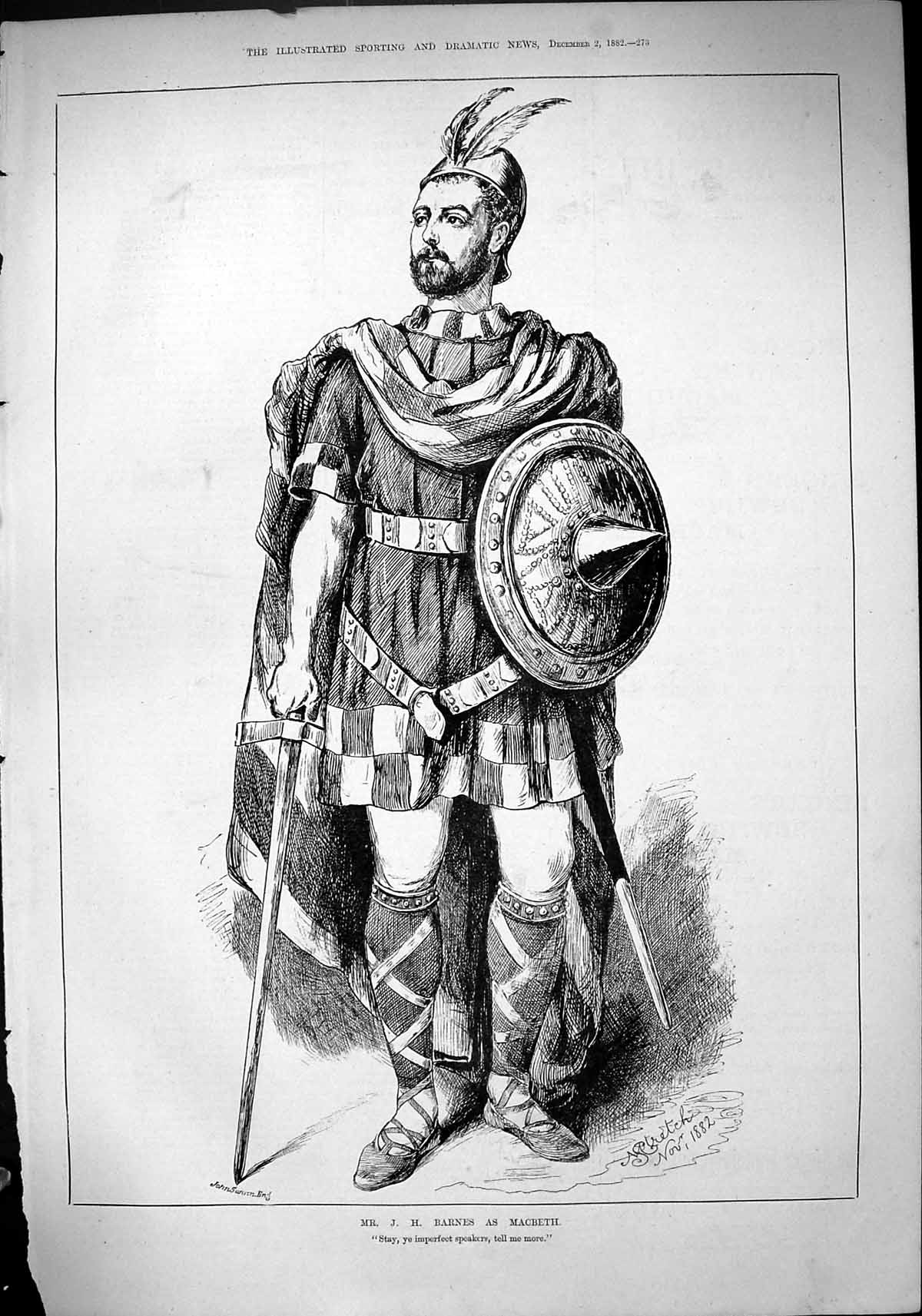 Old Antique Print 1882 Portrait Barnes Macbeth Theatre Actor John Swain 19th