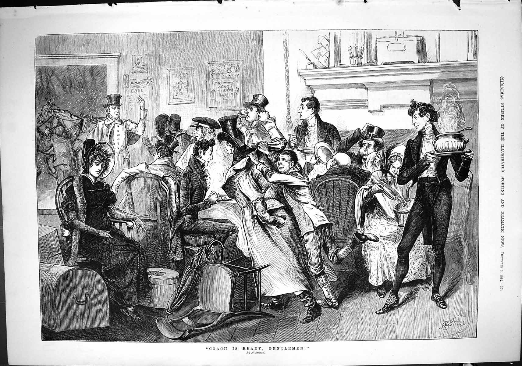 Old 1882 Coach Transport Waiting Room Passengers Horses Snow Winter S Victorian