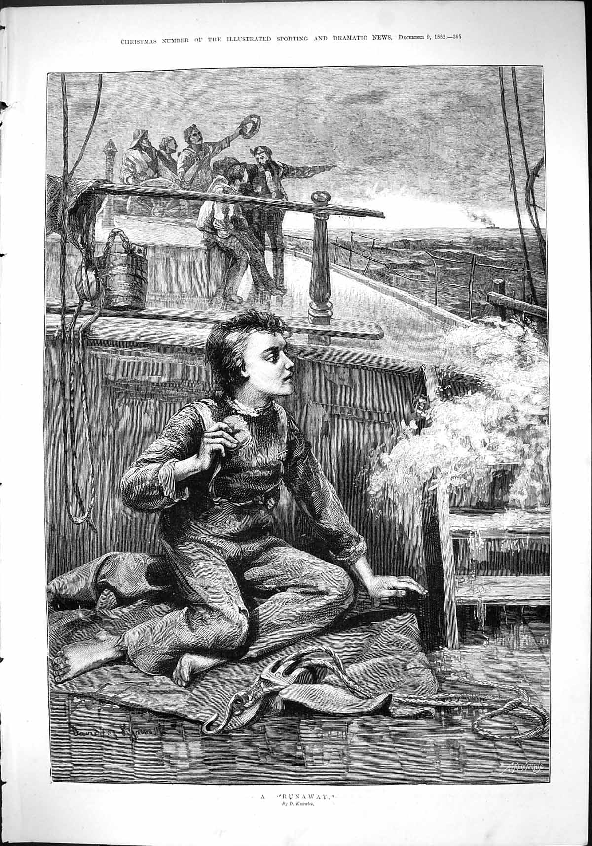 Antique Print 1882 Runaways Ship Deck Fishermans Boat Sea Knowles Fine Art 19th