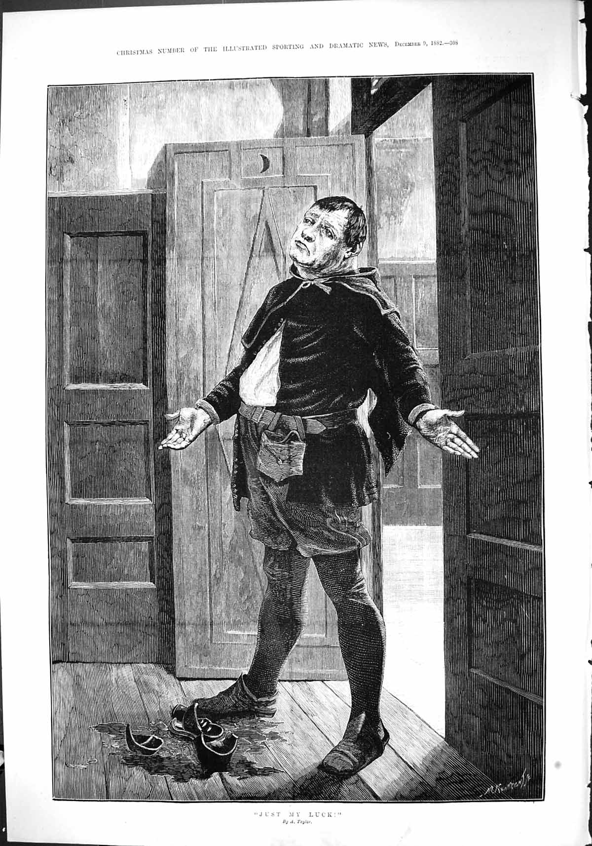 Original Old Antique Print 1882 Just My Luck Man Broken Vase Taylor Fine Art