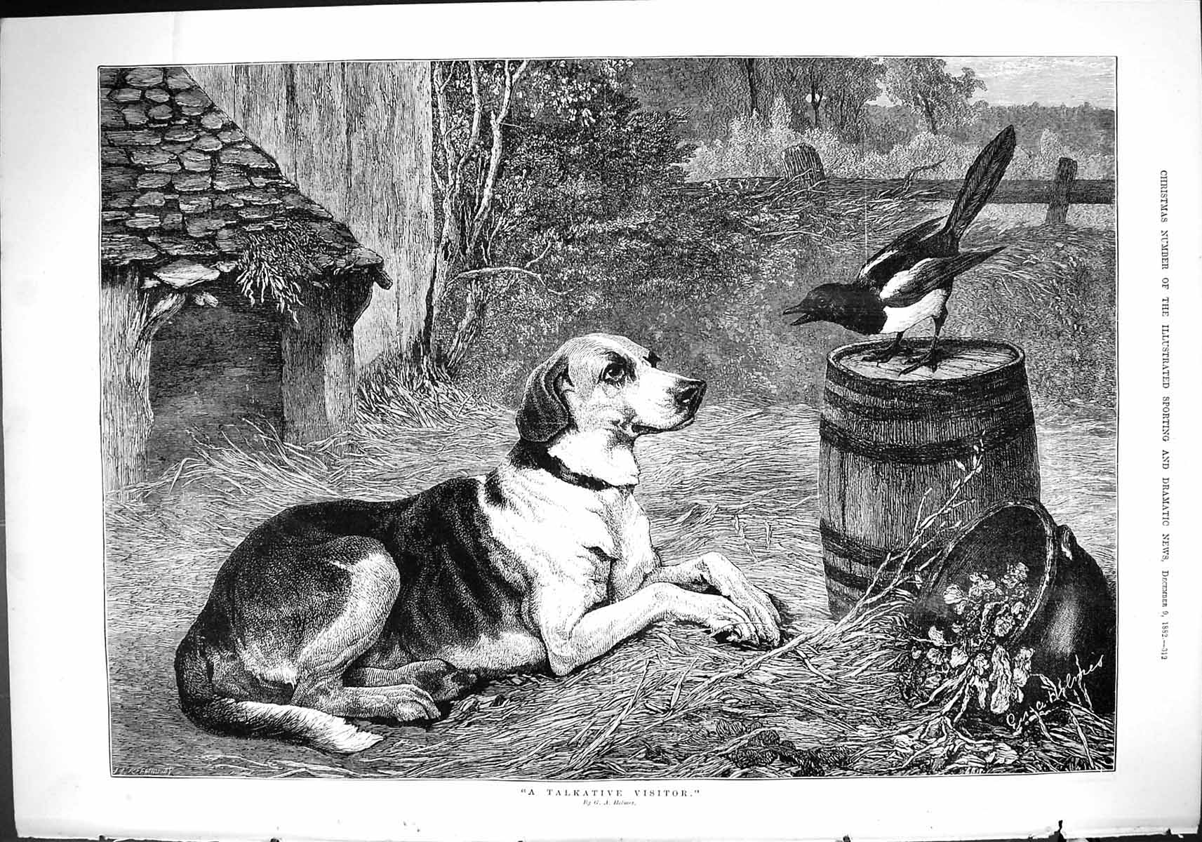 Old 1882 Talkative Visitor Hound Dog Bird Barrel Farmyard Holmes Fine Victorian
