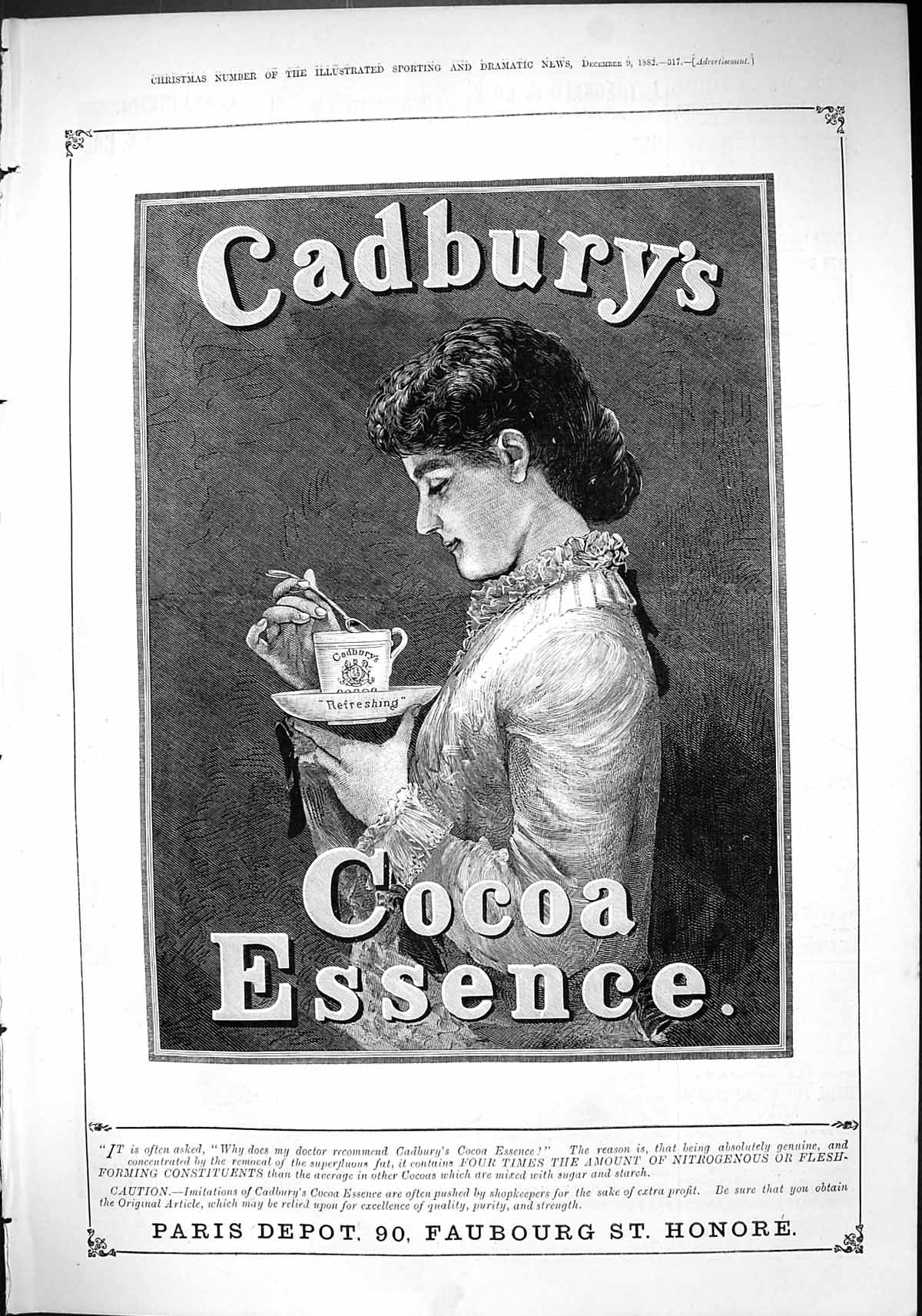 Antique Old Print 1882 Cadbury'S Cocoa Essence Lady Drinking Chocolate Cup 19th