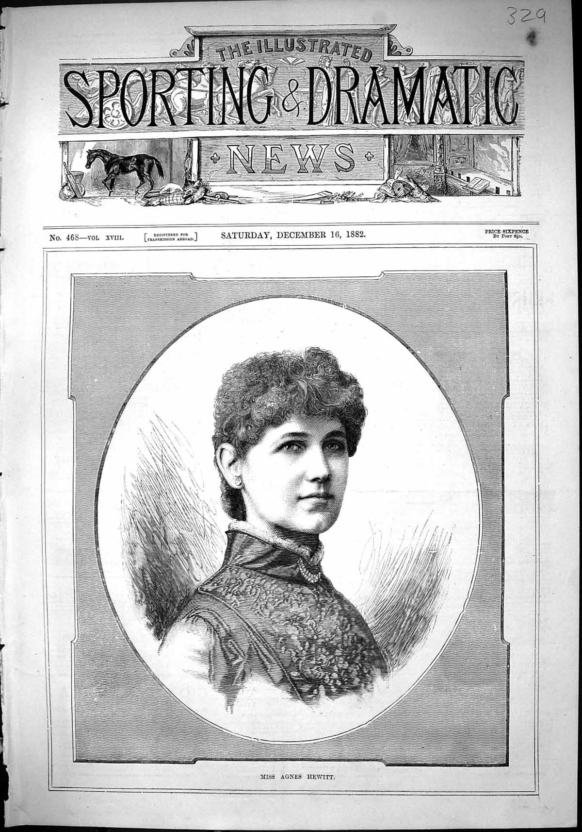 Original Old Antique Print 1882 Portrait Beautiful Woman Miss Agnes Hewitt 19th