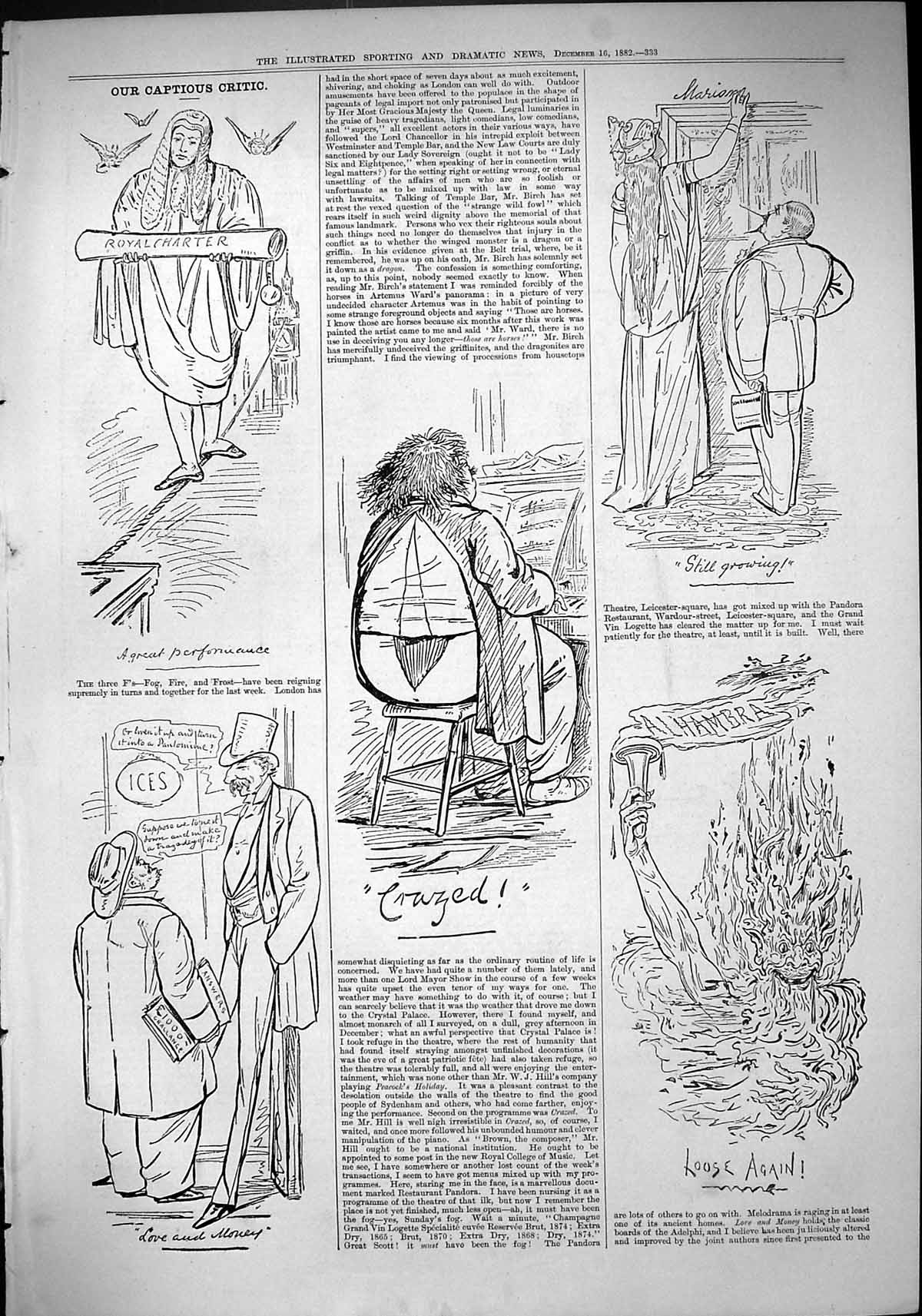Old 1882 Captious Critic Theatre Ices Royal Charter Performance Illus Victorian