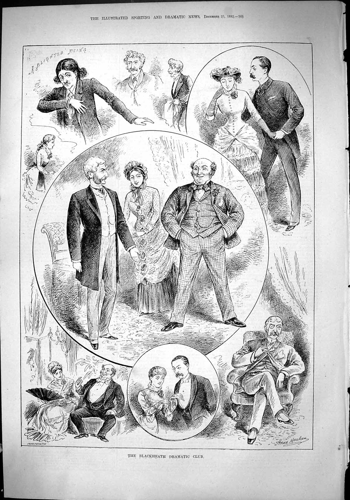 Original Old Antique Print 1882 Blackheath Dramatic Club Actors John Swain 19th