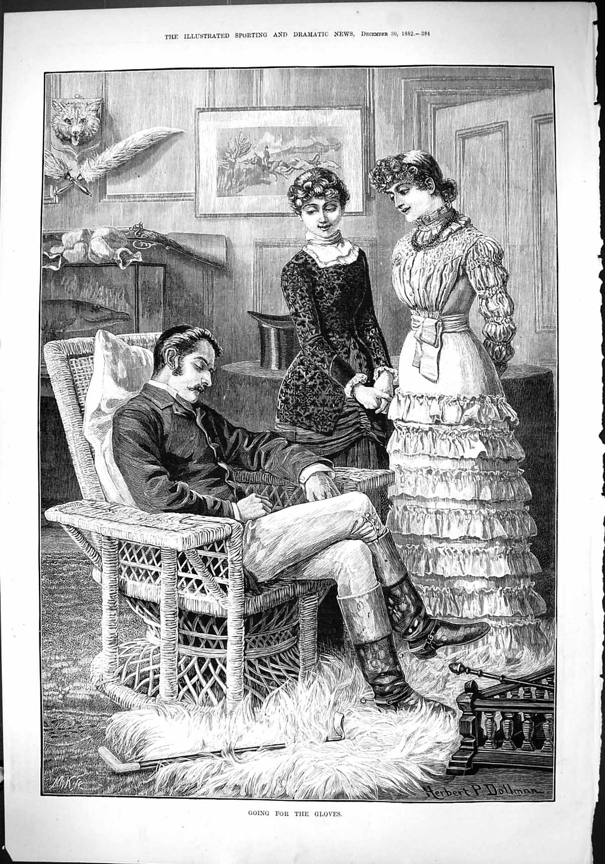 Old 1882 Ladies Man Sitting Chair Going For The Gloves Hunting Whip H Victorian