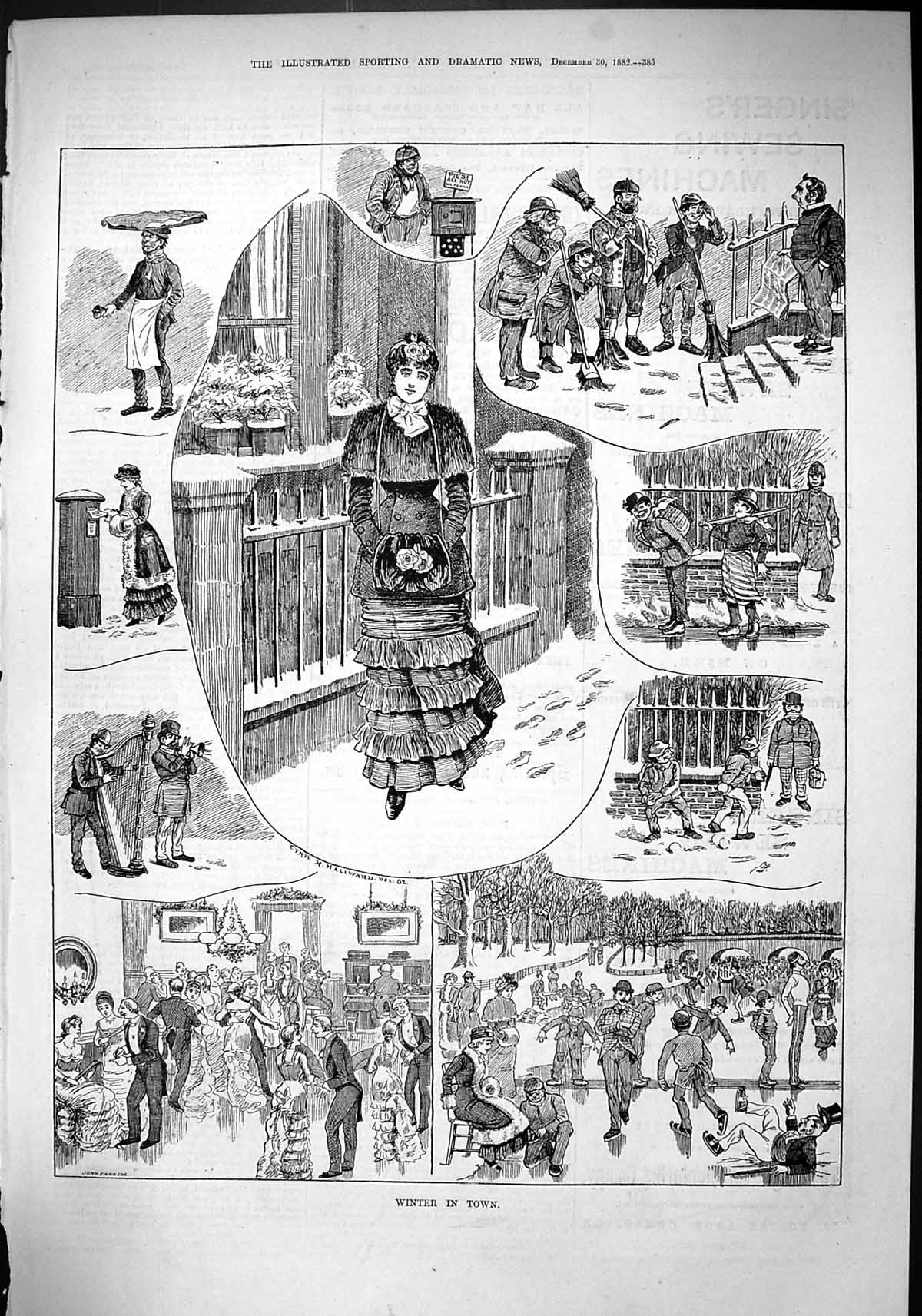 Old 1882 Winter Scene Town Ice Skating Amusements Romance Dancing Joh Victorian