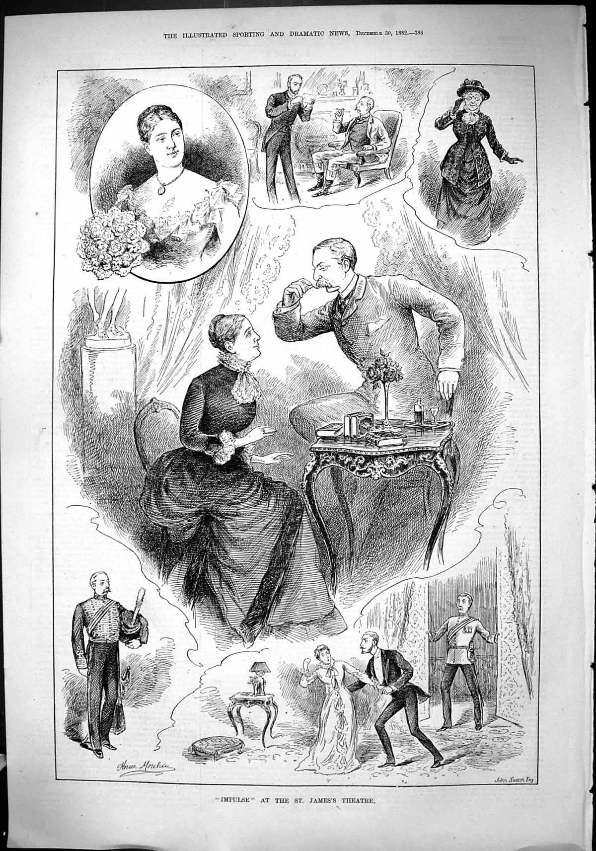 Antique Old Print 1882 Impulse St. James'S Theatre Actors Scenes John Swain