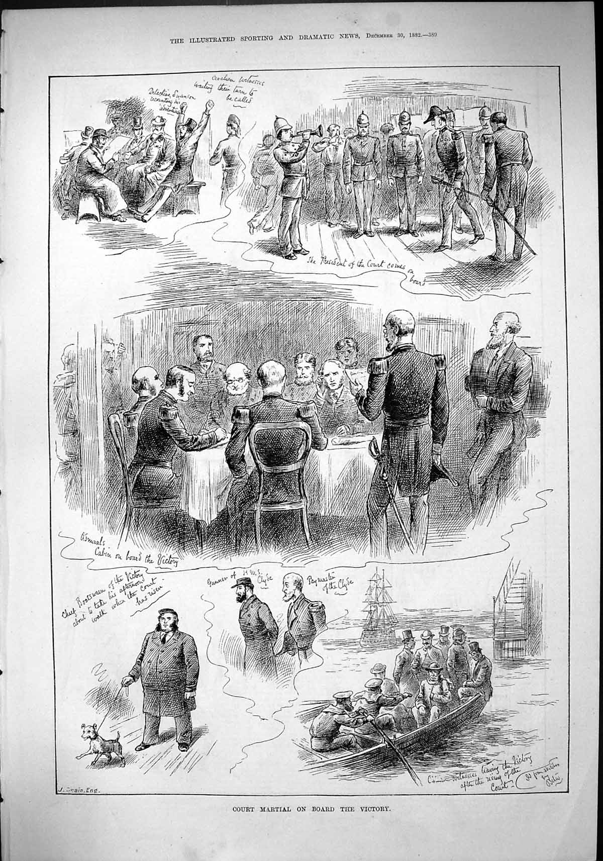 Antique Old Print Court Martial Ship Navy Sailors Officers Boat Admirals 1882
