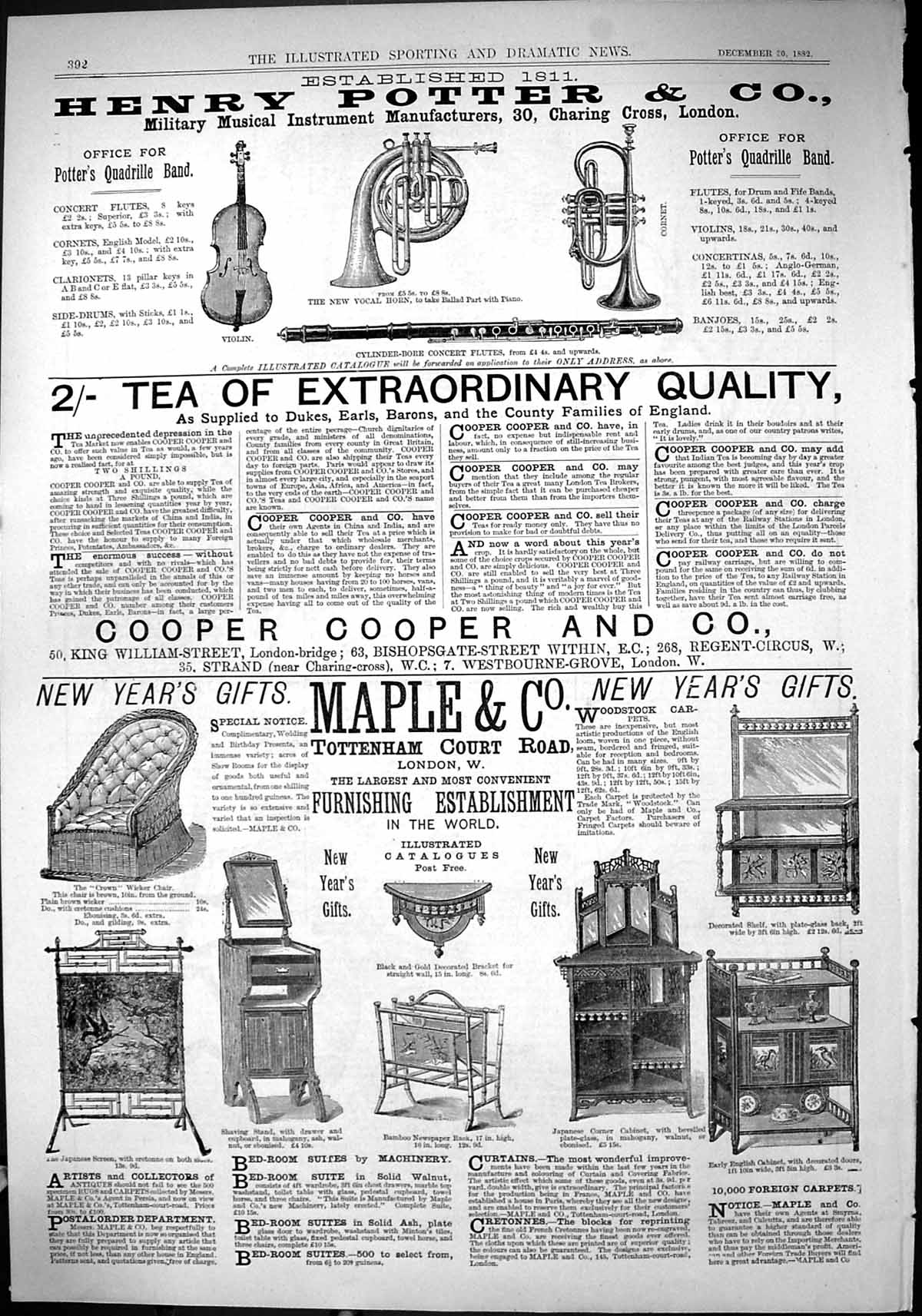 Antique Print 1882 Henry Potter Music Instruments Maple Furniture Coope Tea