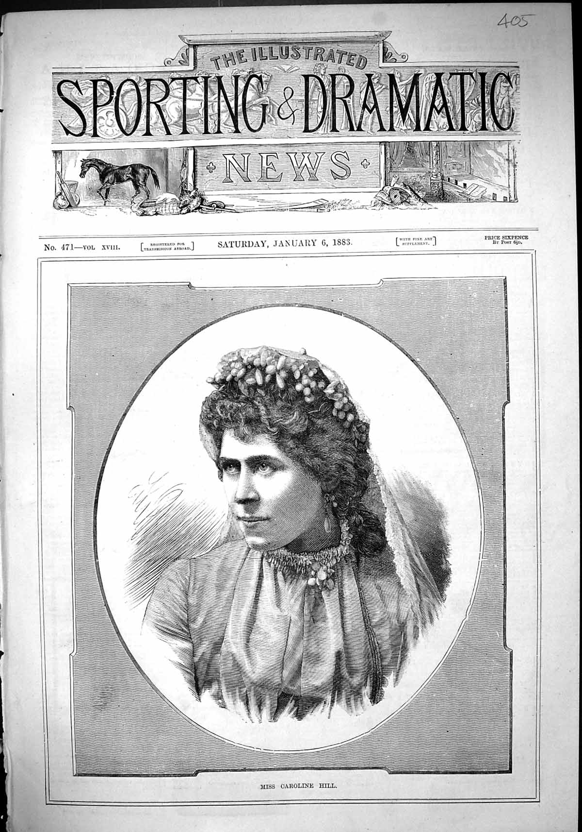 Original Old Antique Print 1883 Portrait Miss Caroline Hill Beautiful Woman